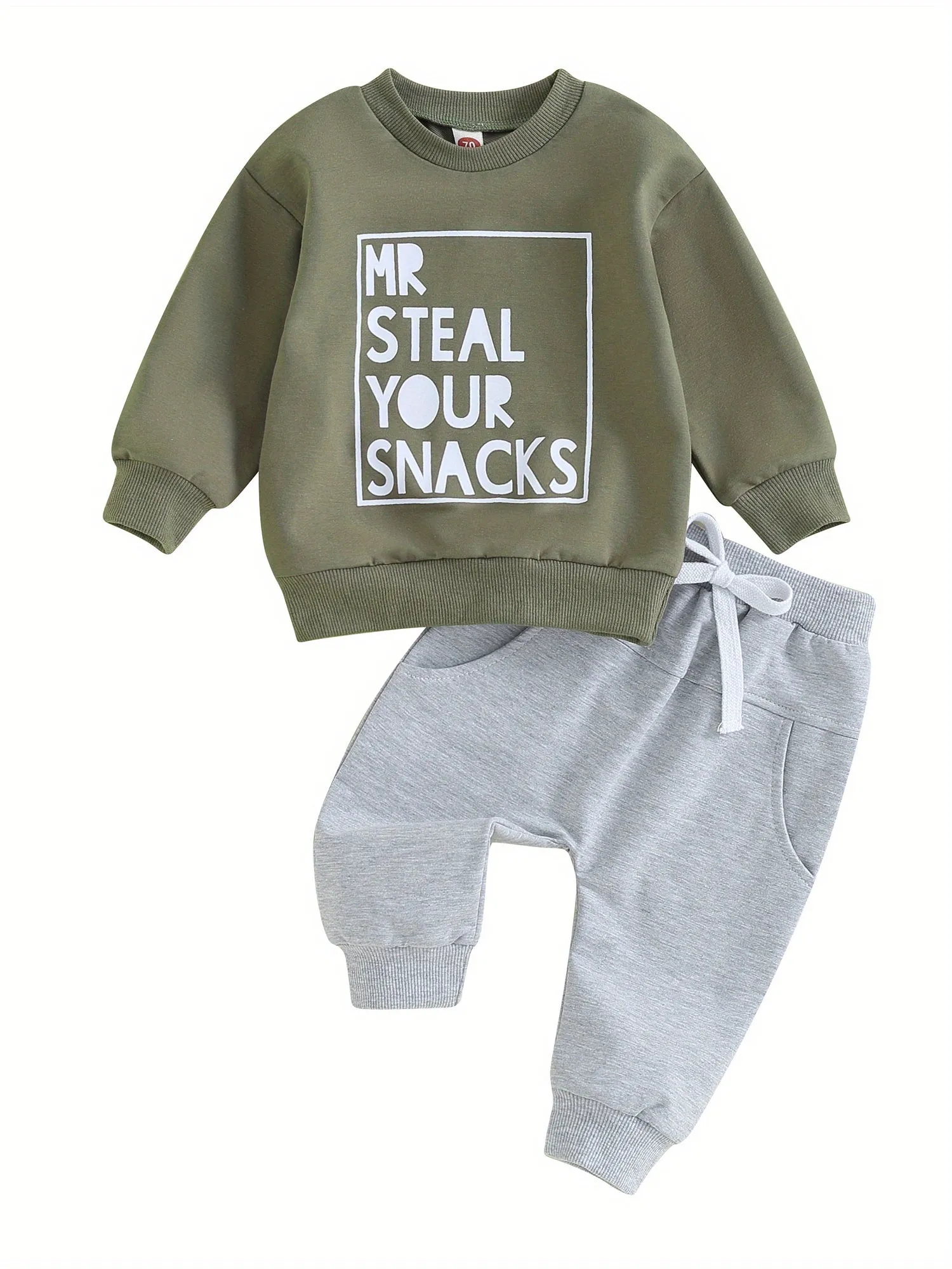 2pcs Adorable "MR STEAL YOUR SNACKS" Baby Boy's Active Set - Soft Sports Cotton Crew Neck Sweatshirts Top and Elastic Waist Fall Pants Outfit - Comfortable, Breathable, and Stylish for Everyday Wear