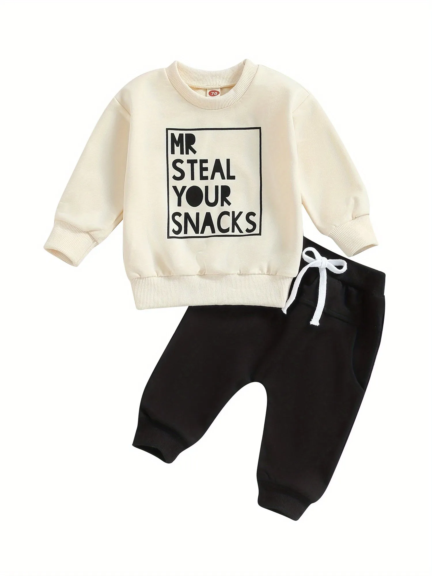 2pcs Adorable "MR STEAL YOUR SNACKS" Baby Boy's Active Set - Soft Sports Cotton Crew Neck Sweatshirts Top and Elastic Waist Fall Pants Outfit - Comfortable, Breathable, and Stylish for Everyday Wear