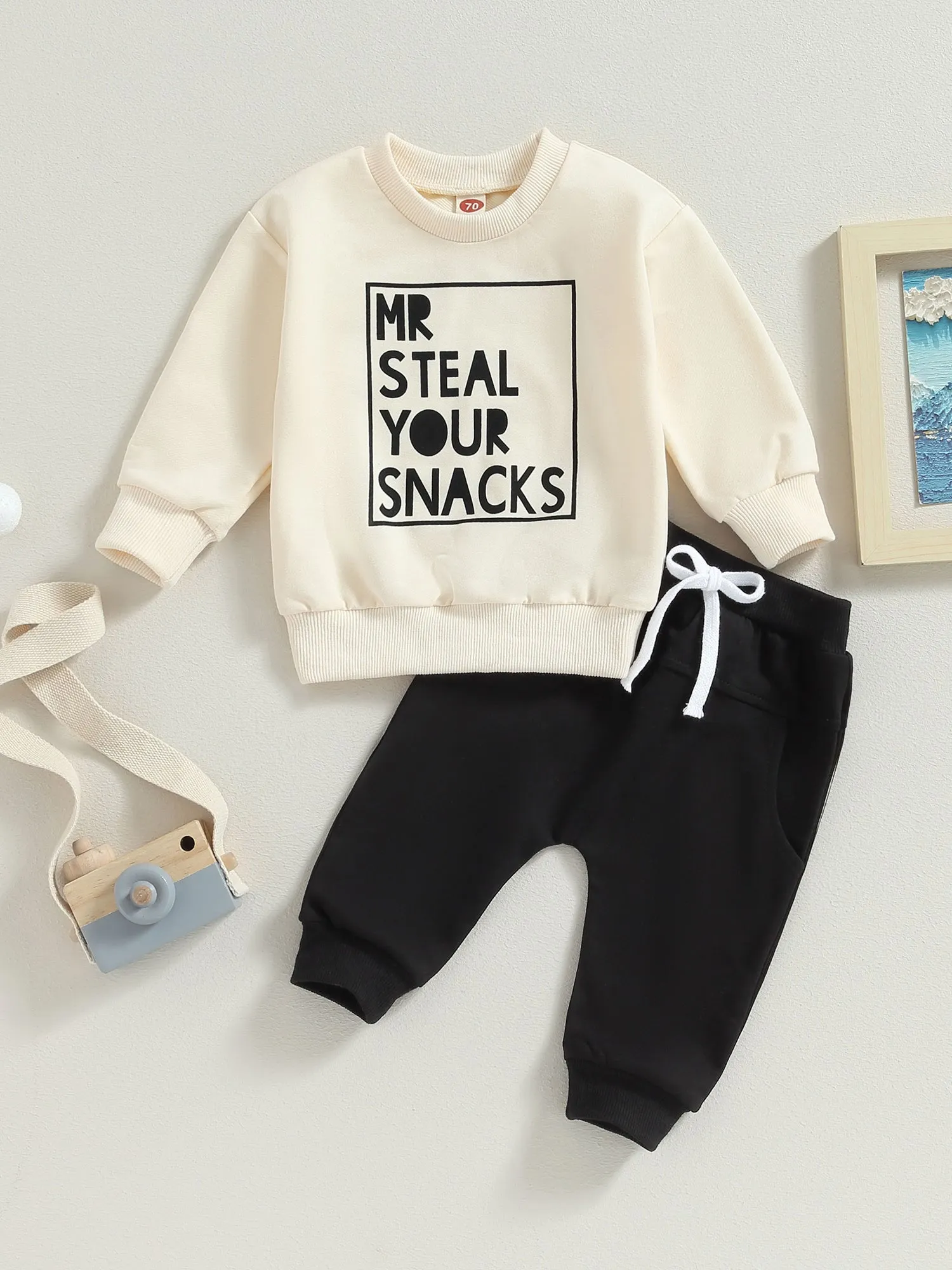 2pcs Adorable "MR STEAL YOUR SNACKS" Baby Boy's Active Set - Soft Sports Cotton Crew Neck Sweatshirts Top and Elastic Waist Fall Pants Outfit - Comfortable, Breathable, and Stylish for Everyday Wear
