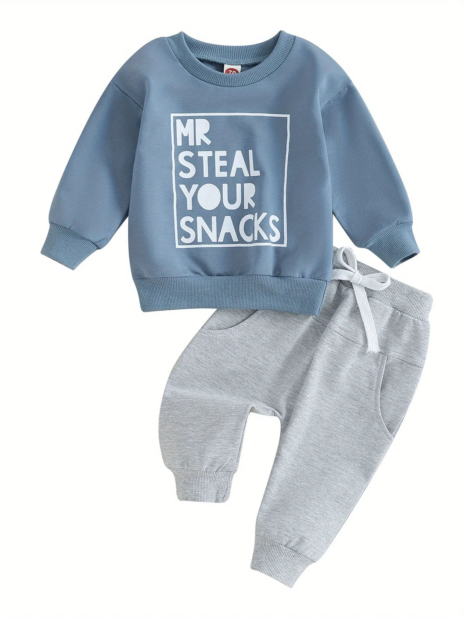 2pcs Adorable "MR STEAL YOUR SNACKS" Baby Boy's Active Set - Soft Sports Cotton Crew Neck Sweatshirts Top and Elastic Waist Fall Pants Outfit - Comfortable, Breathable, and Stylish for Everyday Wear