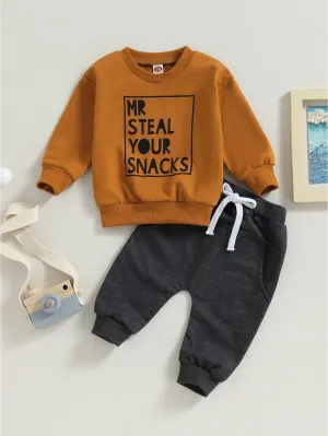 2pcs Adorable "MR STEAL YOUR SNACKS" Baby Boy's Active Set - Soft Sports Cotton Crew Neck Sweatshirts Top and Elastic Waist Fall Pants Outfit - Comfortable, Breathable, and Stylish for Everyday Wear