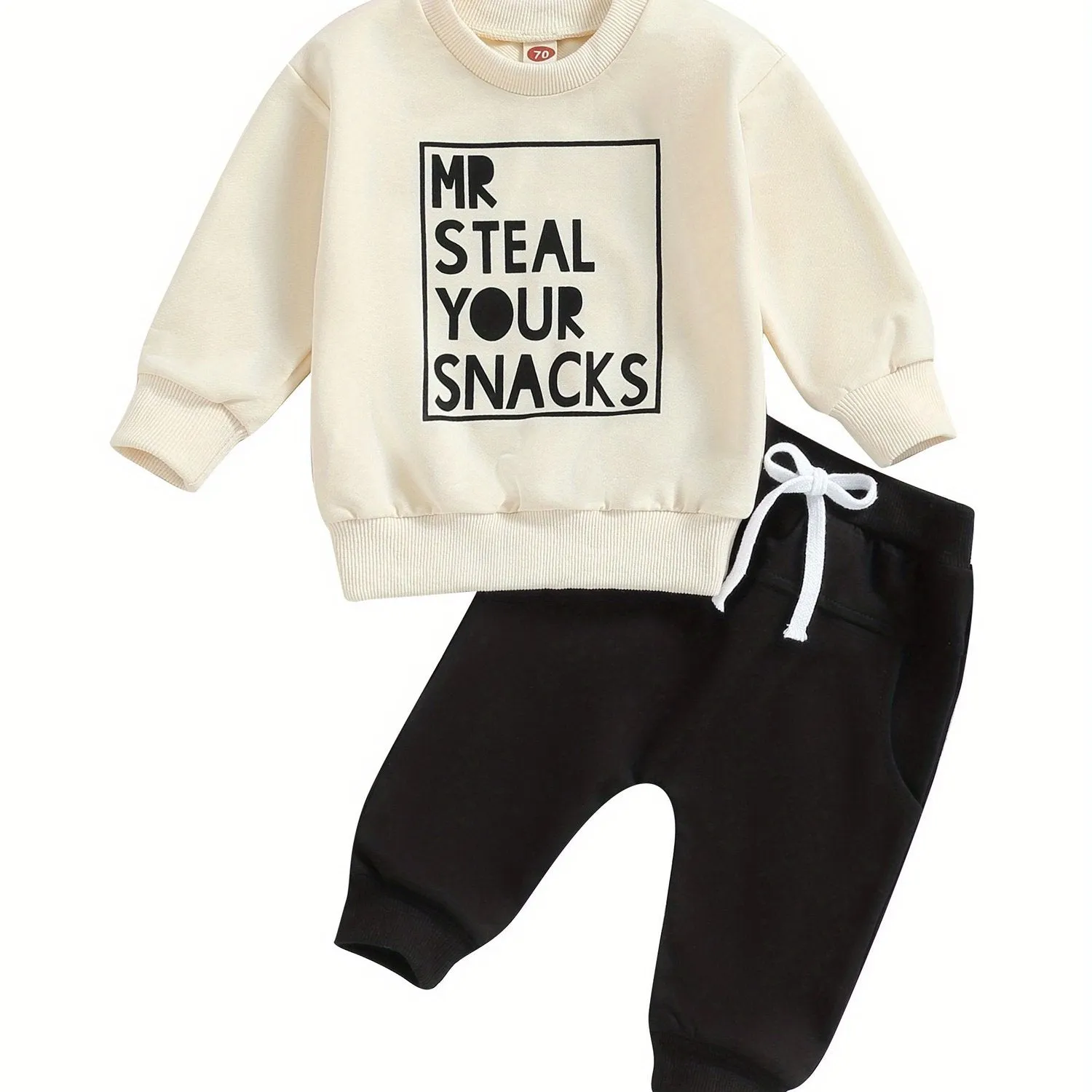 2pcs Adorable "MR STEAL YOUR SNACKS" Baby Boy's Active Set - Soft Sports Cotton Crew Neck Sweatshirts Top and Elastic Waist Fall Pants Outfit - Comfortable, Breathable, and Stylish for Everyday Wear