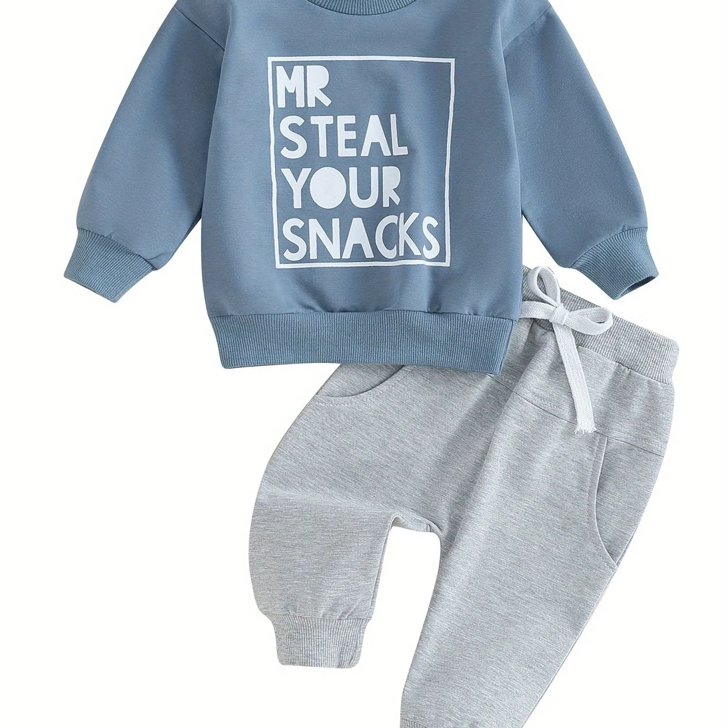 2pcs Adorable "MR STEAL YOUR SNACKS" Baby Boy's Active Set - Soft Sports Cotton Crew Neck Sweatshirts Top and Elastic Waist Fall Pants Outfit - Comfortable, Breathable, and Stylish for Everyday Wear
