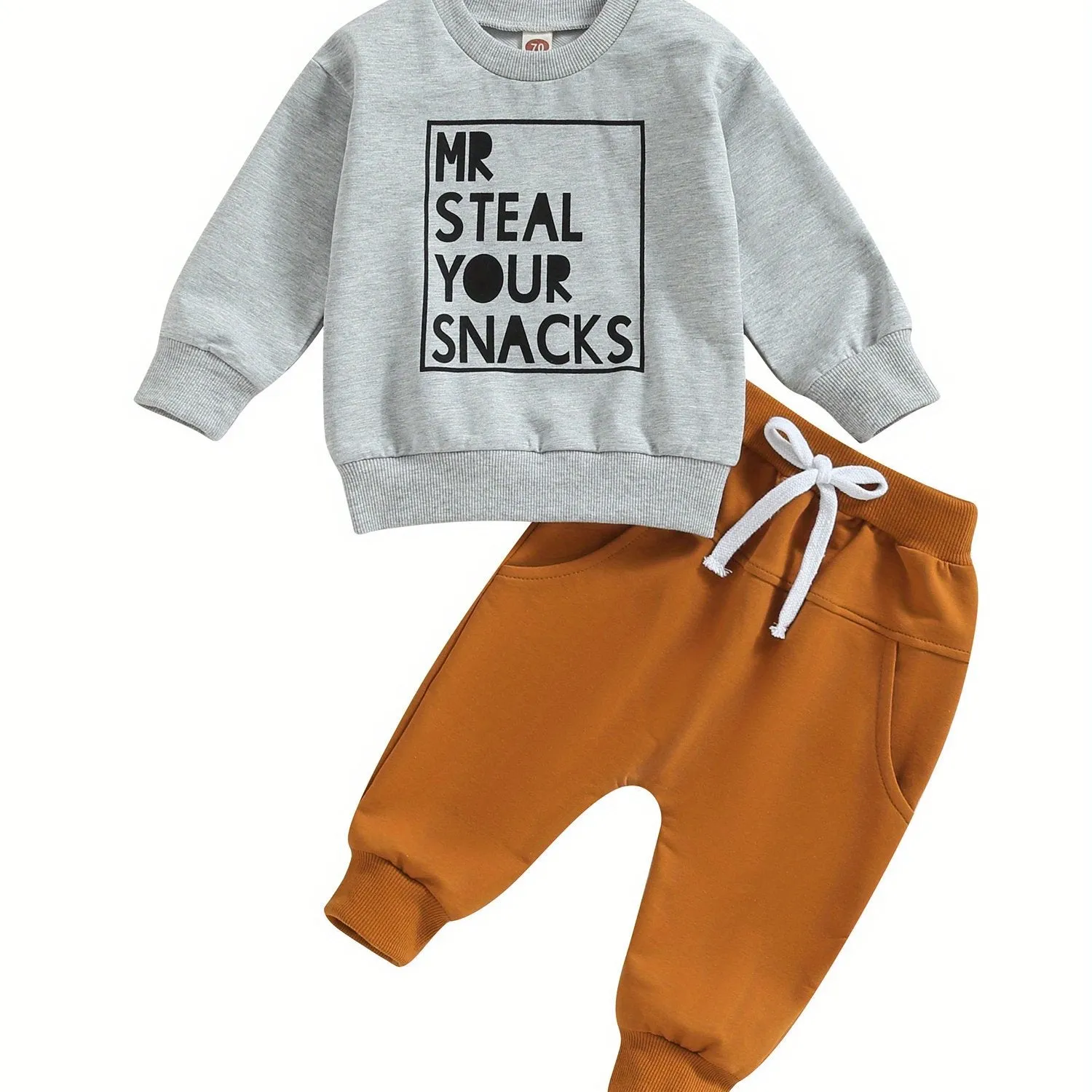 2pcs Adorable "MR STEAL YOUR SNACKS" Baby Boy's Active Set - Soft Sports Cotton Crew Neck Sweatshirts Top and Elastic Waist Fall Pants Outfit - Comfortable, Breathable, and Stylish for Everyday Wear