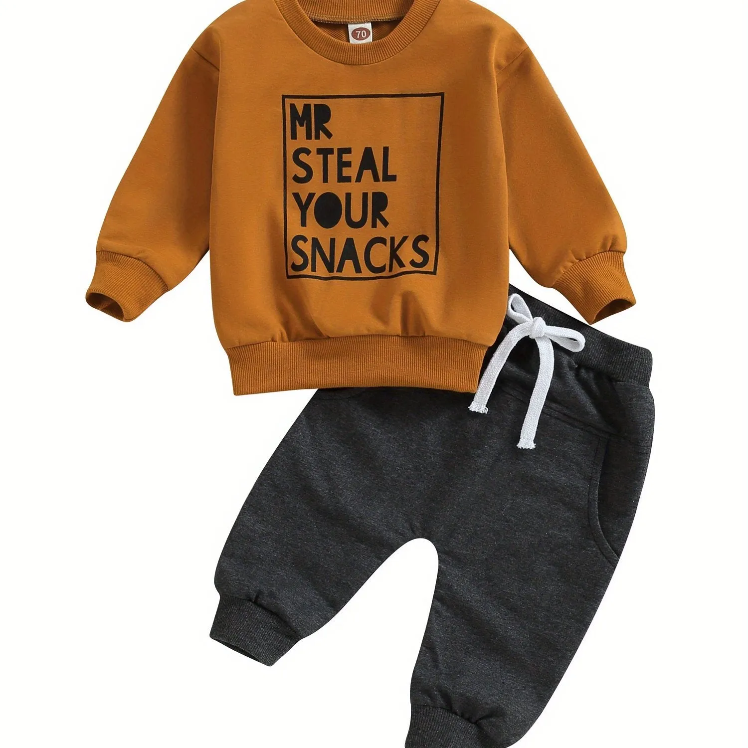 2pcs Adorable "MR STEAL YOUR SNACKS" Baby Boy's Active Set - Soft Sports Cotton Crew Neck Sweatshirts Top and Elastic Waist Fall Pants Outfit - Comfortable, Breathable, and Stylish for Everyday Wear