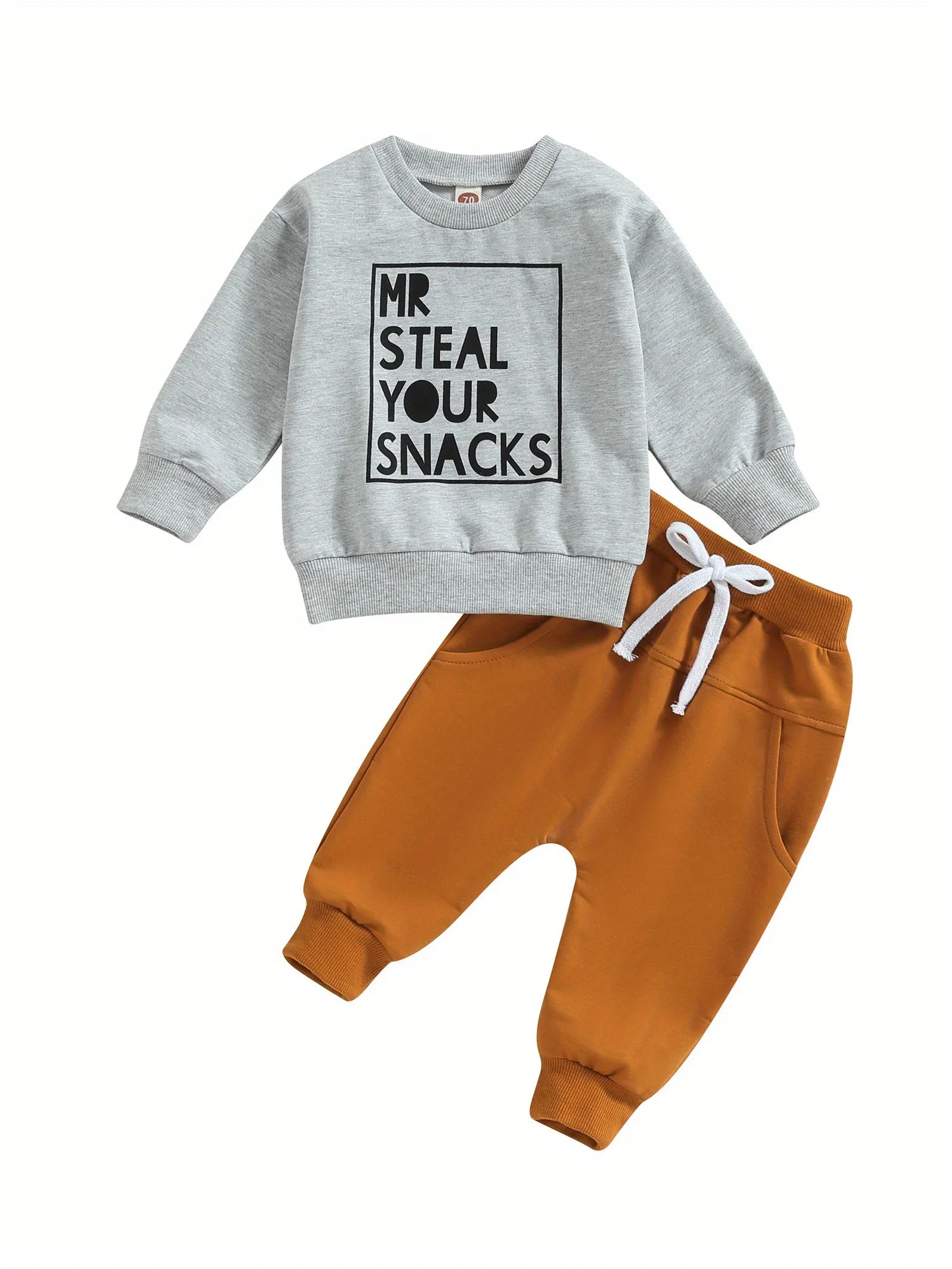 2pcs Adorable "MR STEAL YOUR SNACKS" Baby Boy's Active Set - Soft Sports Cotton Crew Neck Sweatshirts Top and Elastic Waist Fall Pants Outfit - Comfortable, Breathable, and Stylish for Everyday Wear