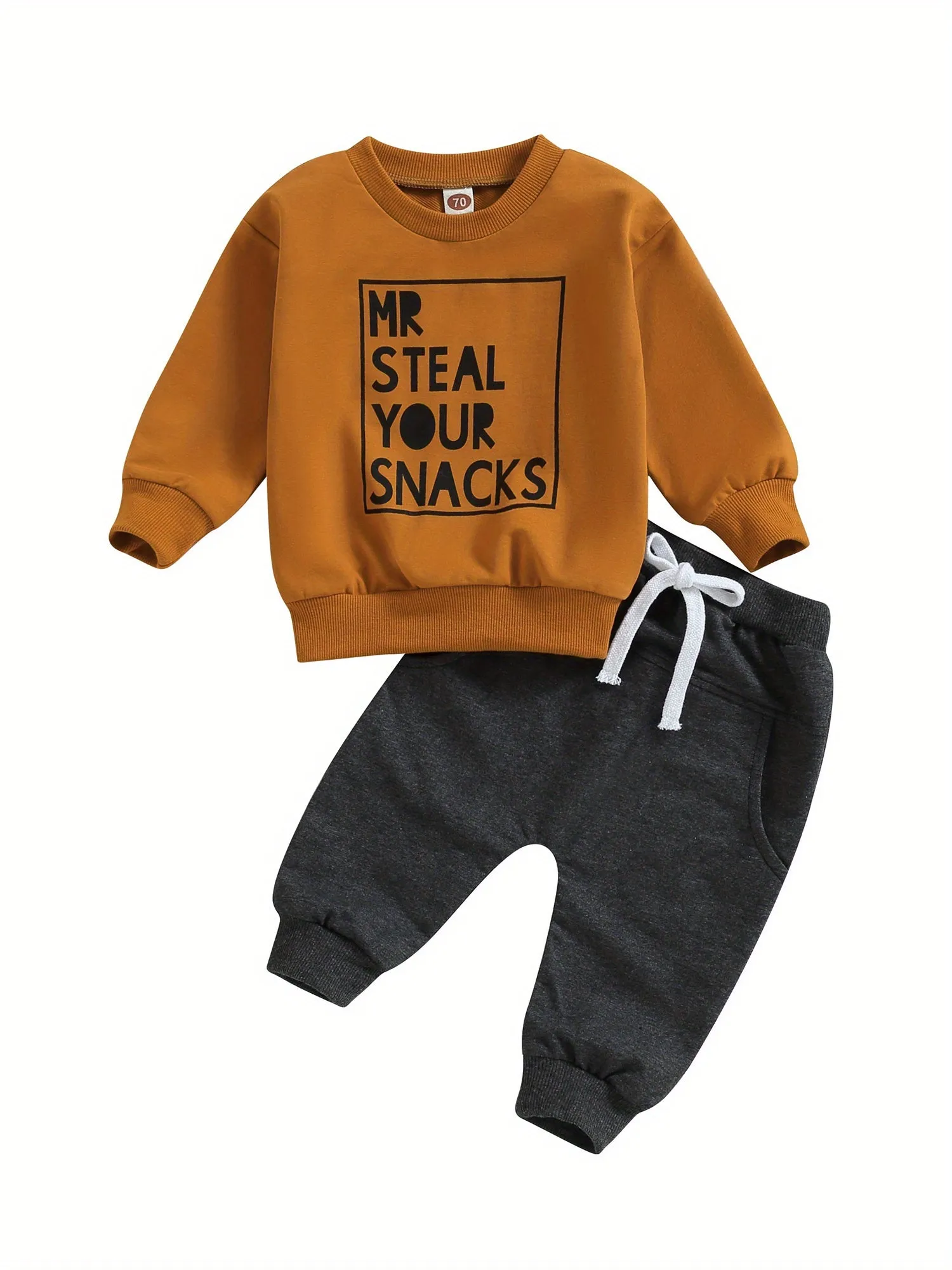 2pcs Adorable "MR STEAL YOUR SNACKS" Baby Boy's Active Set - Soft Sports Cotton Crew Neck Sweatshirts Top and Elastic Waist Fall Pants Outfit - Comfortable, Breathable, and Stylish for Everyday Wear