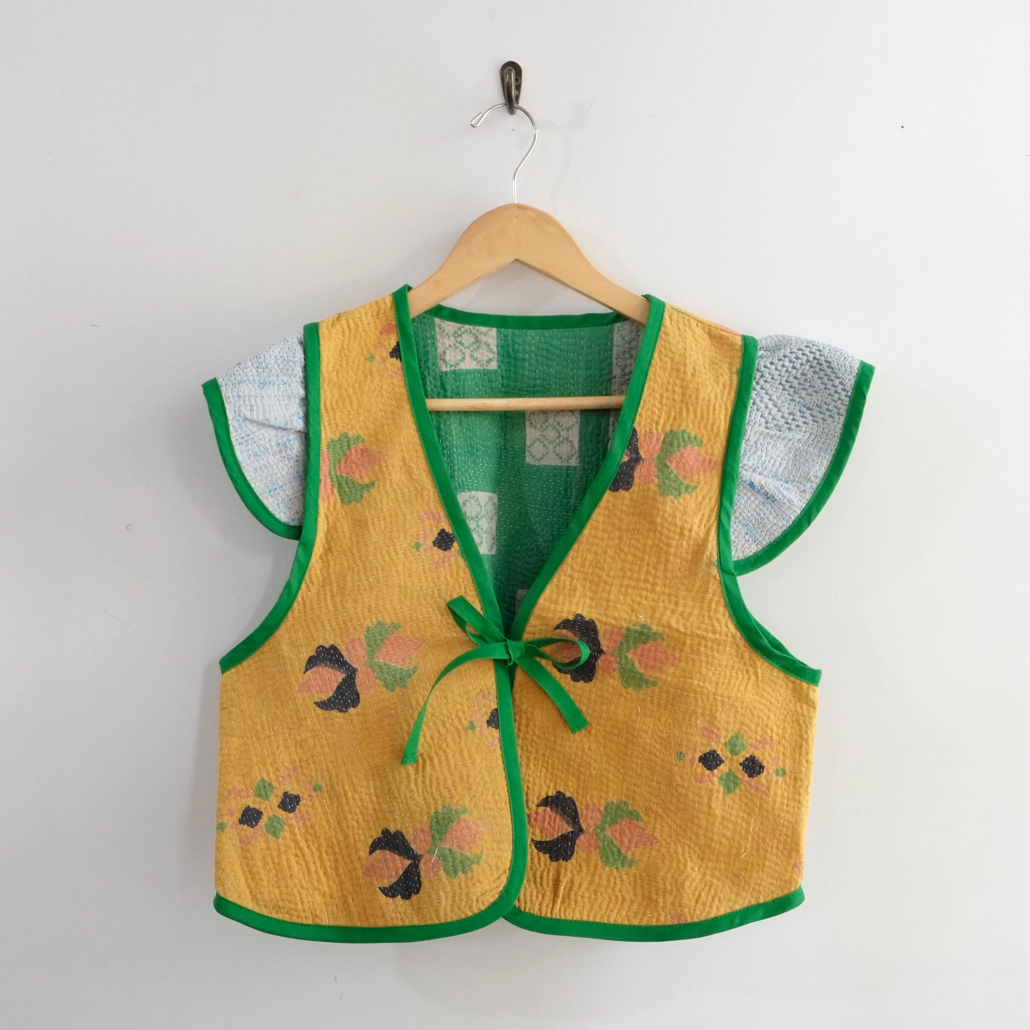 Amelia Flutter Sleeve Vest Mustard Yellow with Green Trim M016