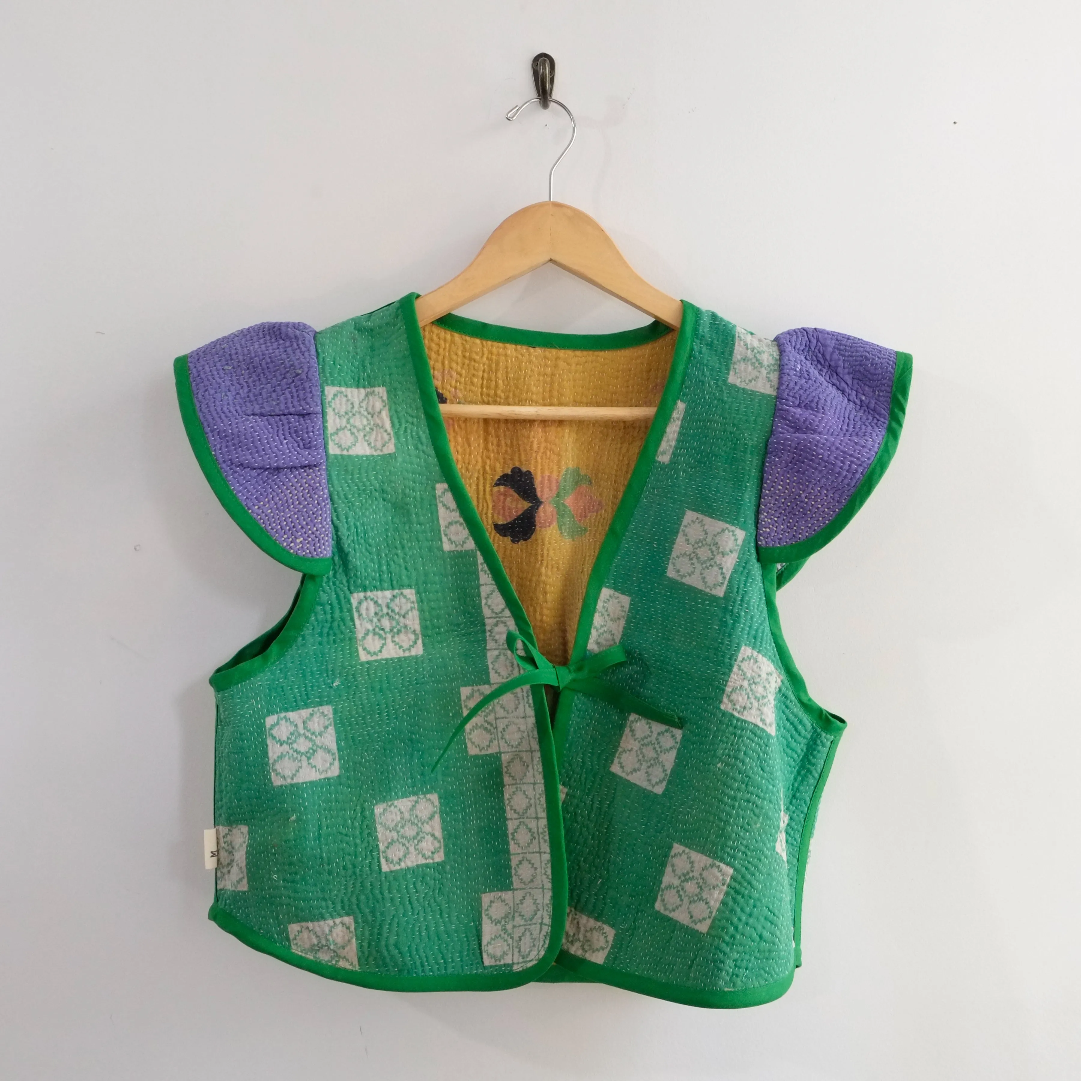Amelia Flutter Sleeve Vest Mustard Yellow with Green Trim M016