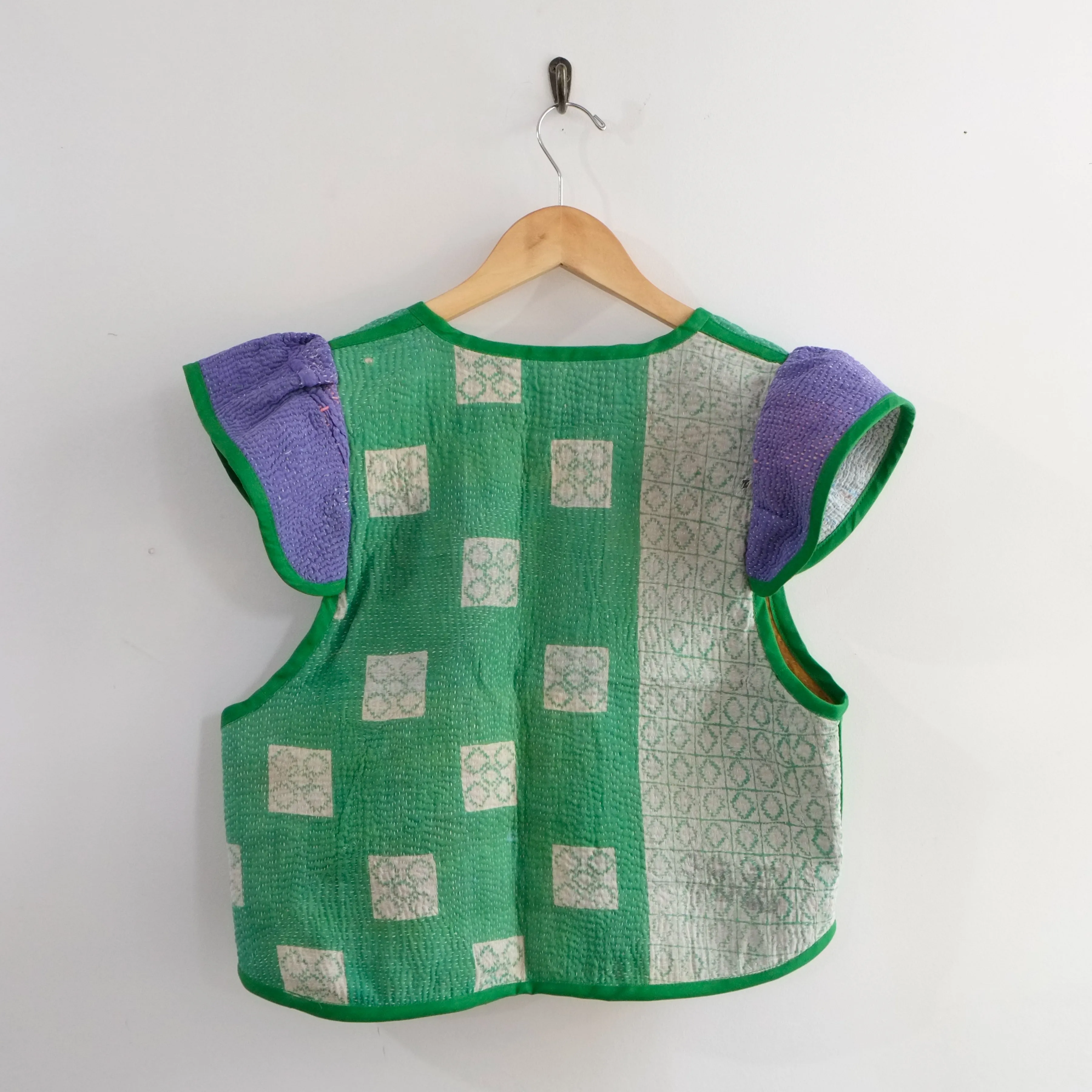 Amelia Flutter Sleeve Vest Mustard Yellow with Green Trim M016