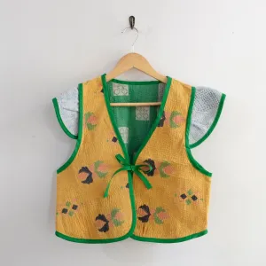 Amelia Flutter Sleeve Vest Mustard Yellow with Green Trim M016