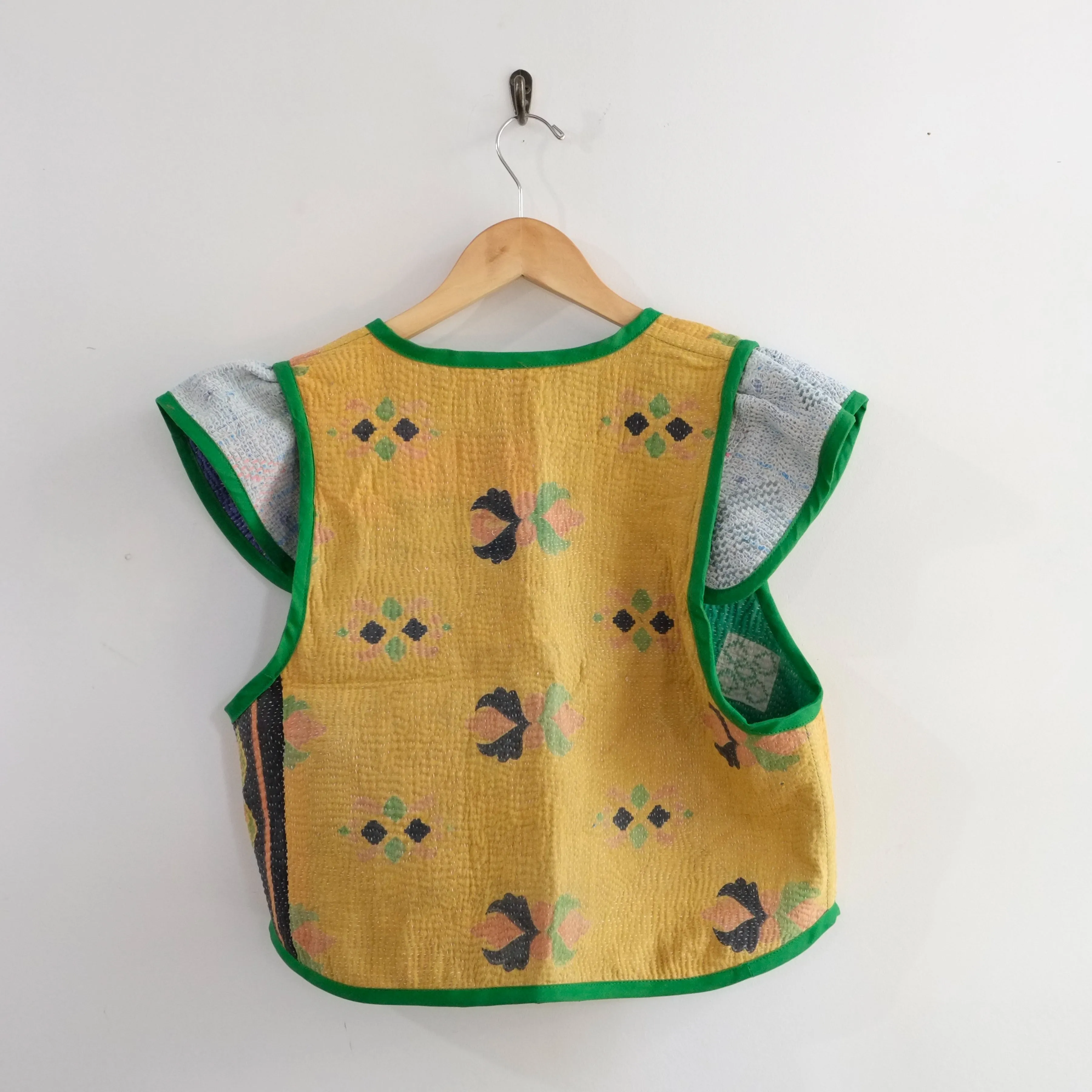 Amelia Flutter Sleeve Vest Mustard Yellow with Green Trim M016