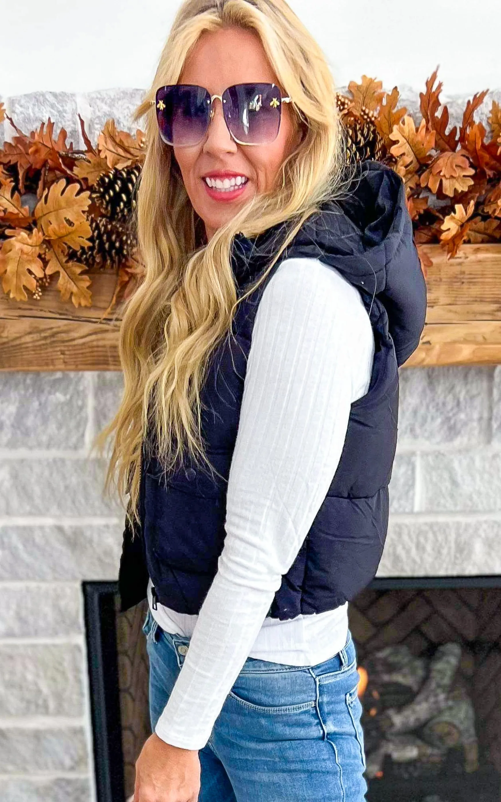 Cargo Hooded Puffer Vest - Black