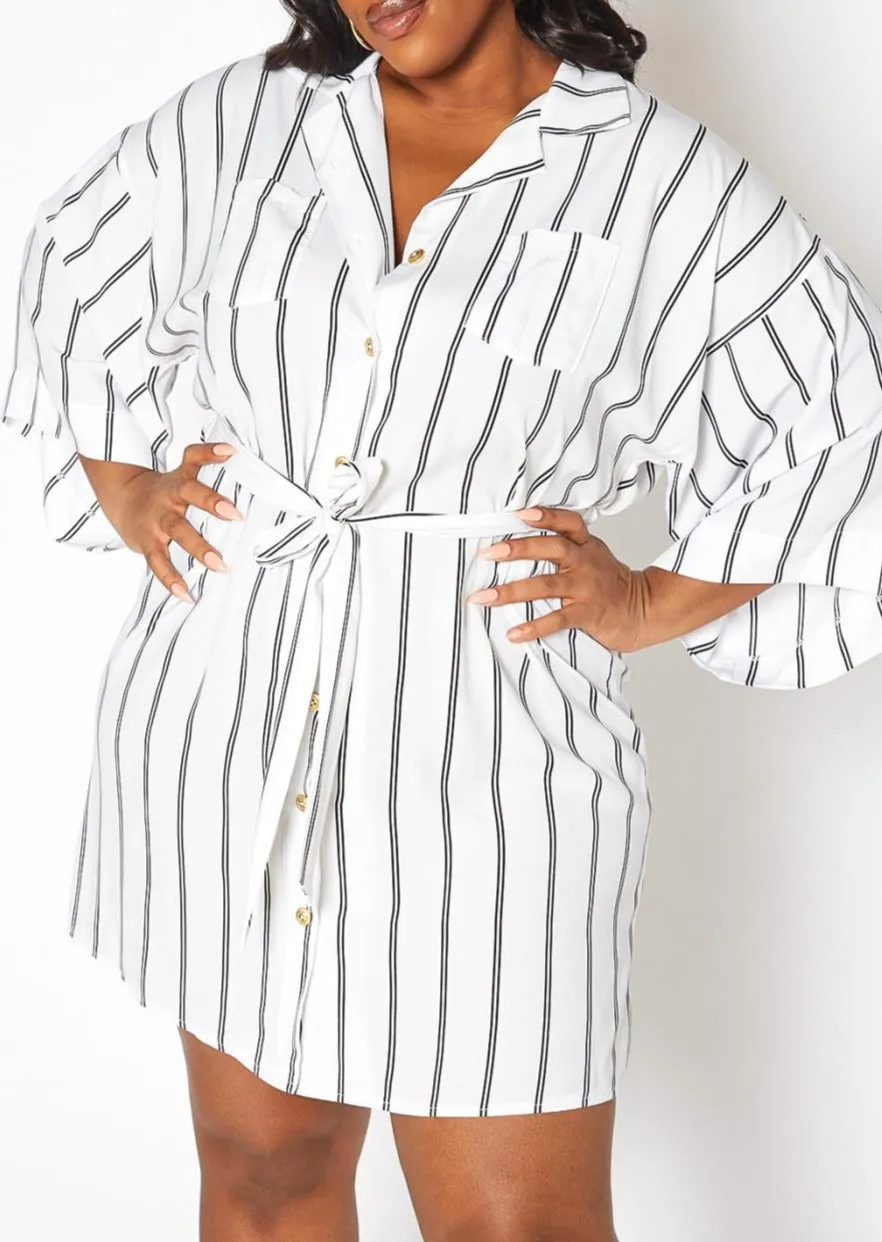 Hi Curvy Plus Size Women Pin Striped Button Front Mini Dress