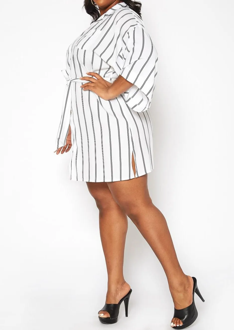 Hi Curvy Plus Size Women Pin Striped Button Front Mini Dress