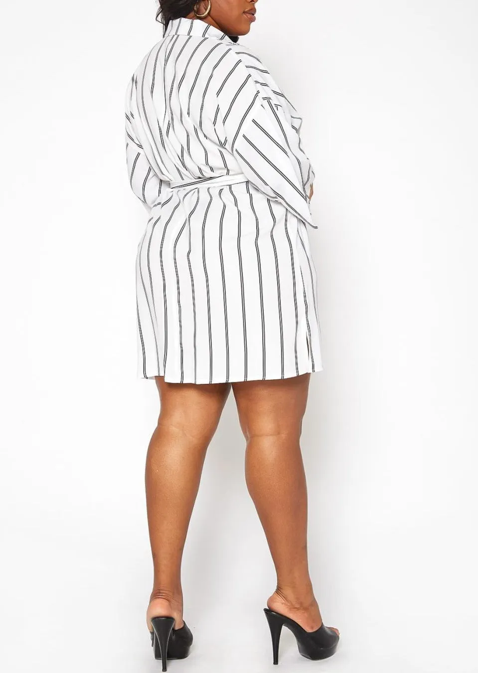 Hi Curvy Plus Size Women Pin Striped Button Front Mini Dress