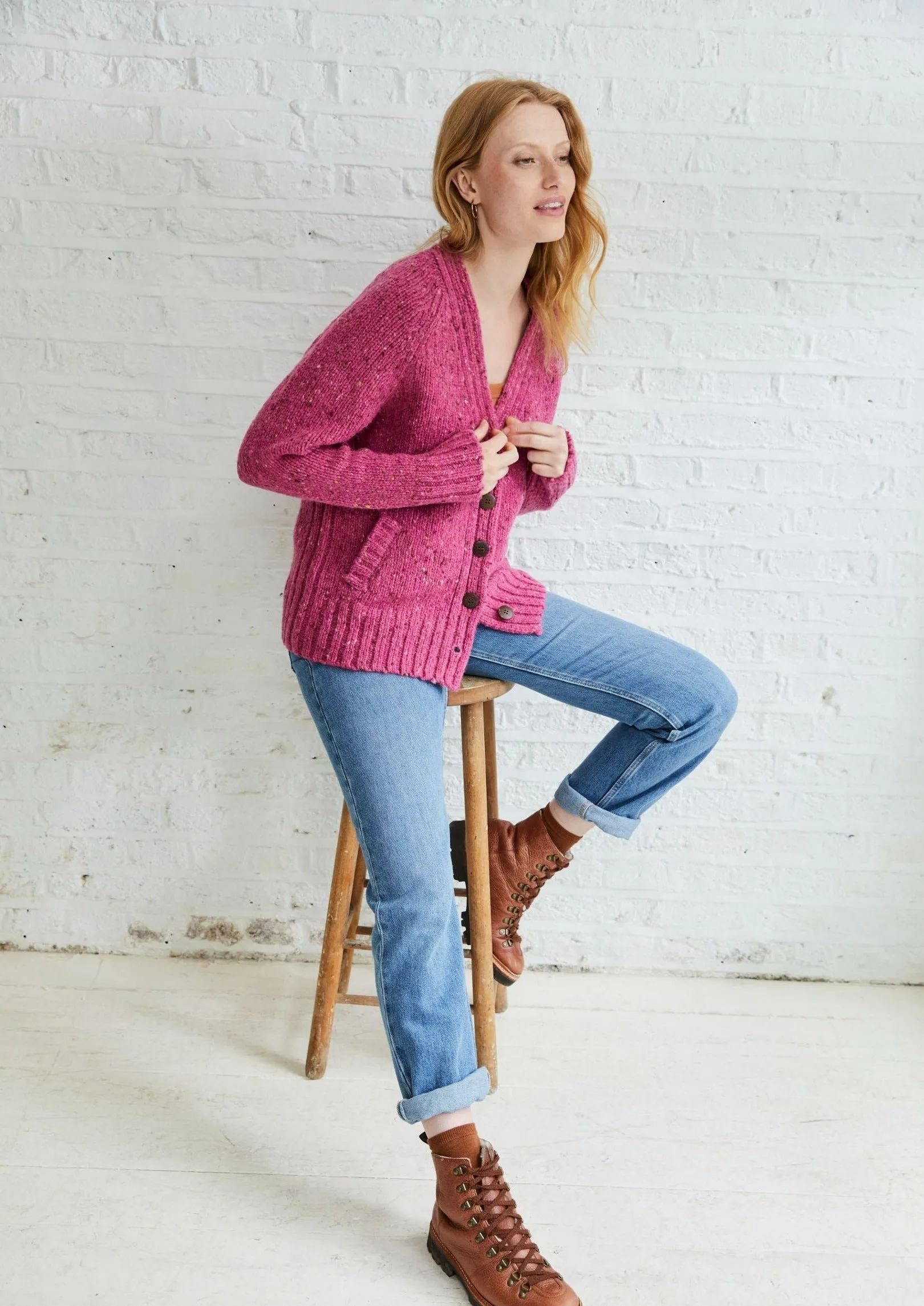 Ladies' Donegal Cardigan with Side Pockets | Pink