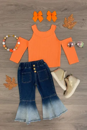 Orange Cold Shoulder Bell Bottom Set