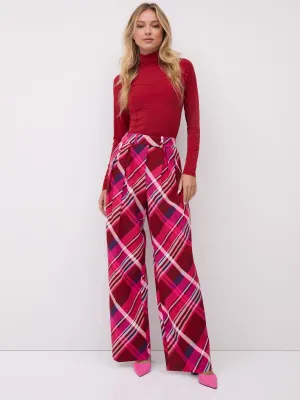 Plaid Pleated High-Waisted Wide-Leg Pant