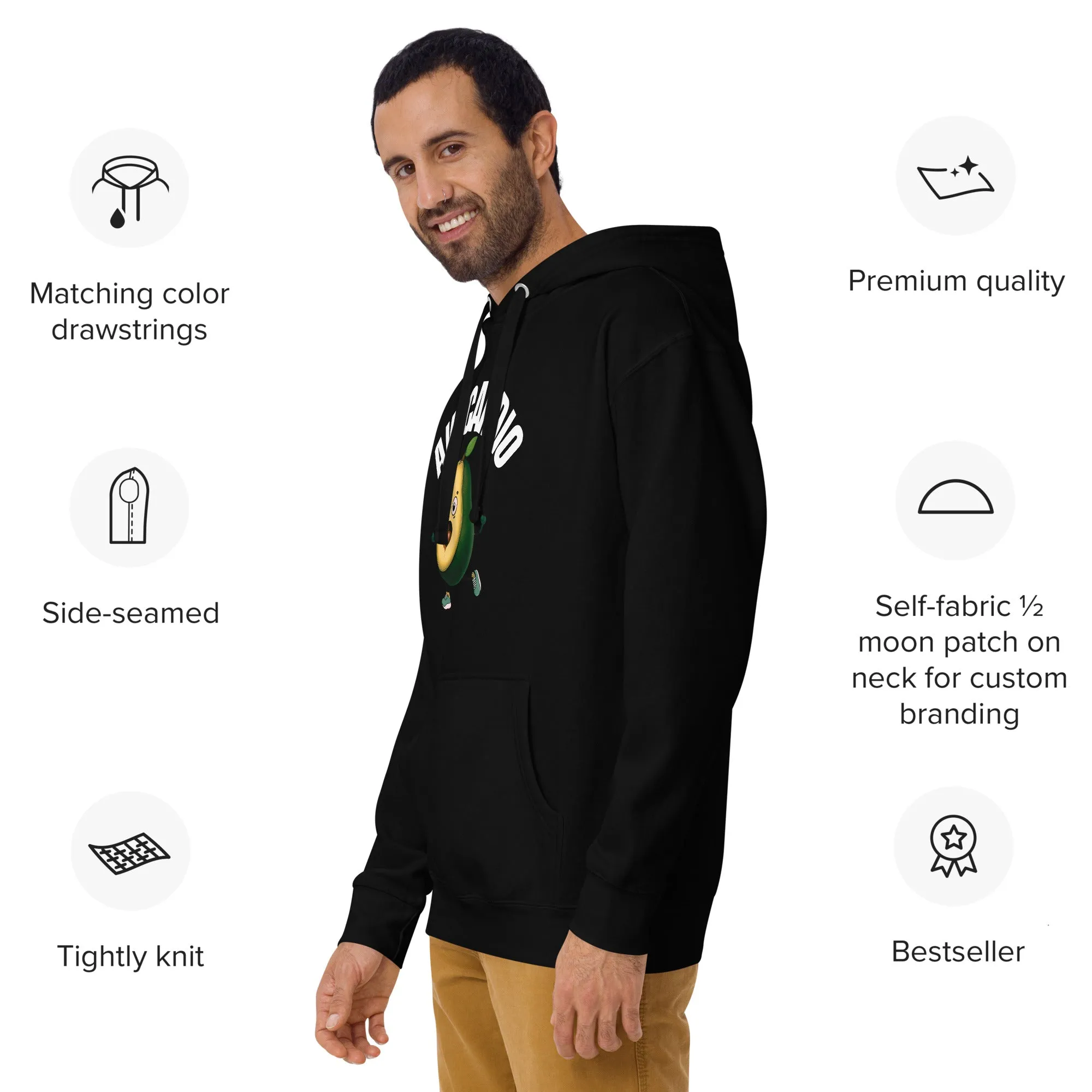"Avocardio" Unisex Hoodie White Text Avocado by Dumbbells and Hotels