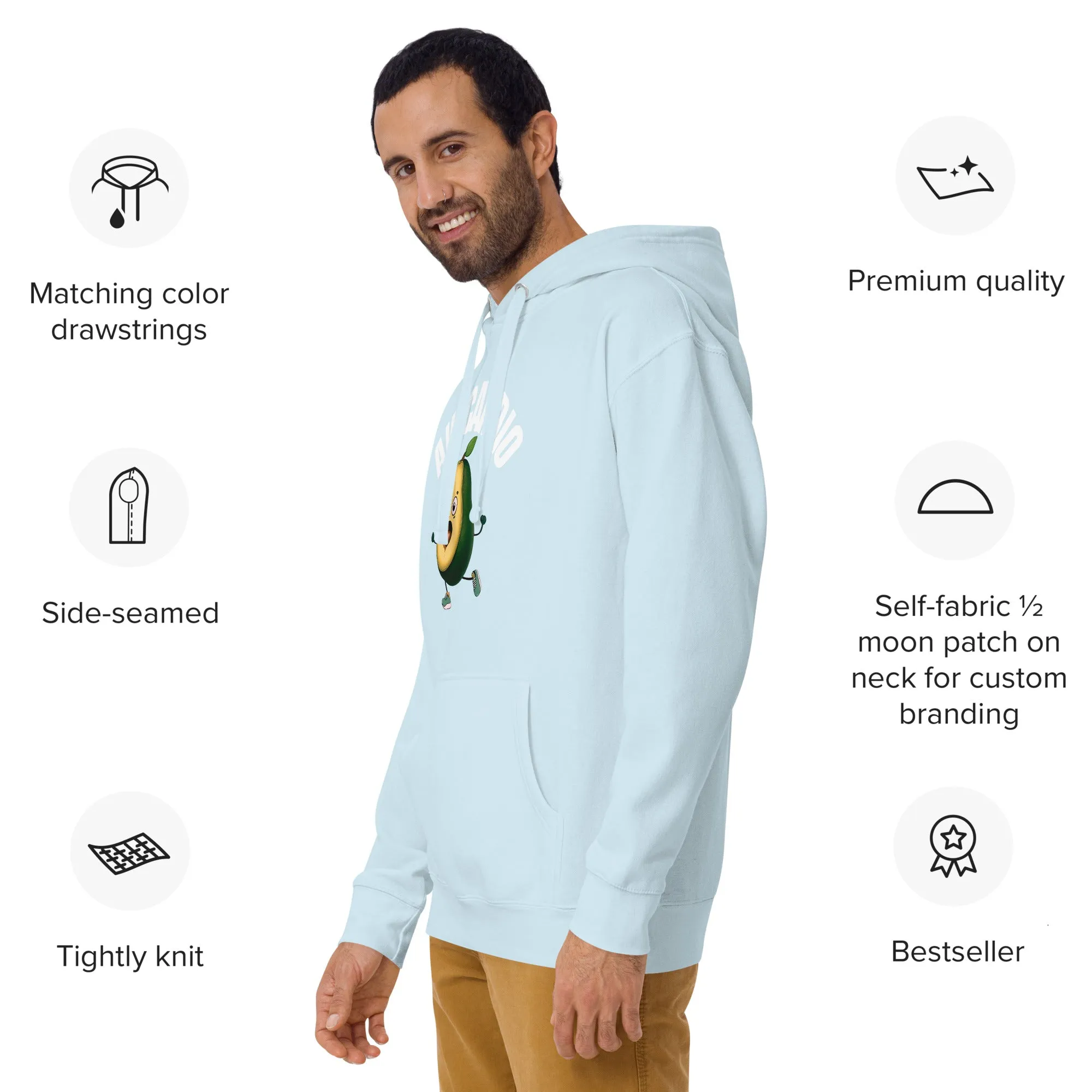 "Avocardio" Unisex Hoodie White Text Avocado by Dumbbells and Hotels