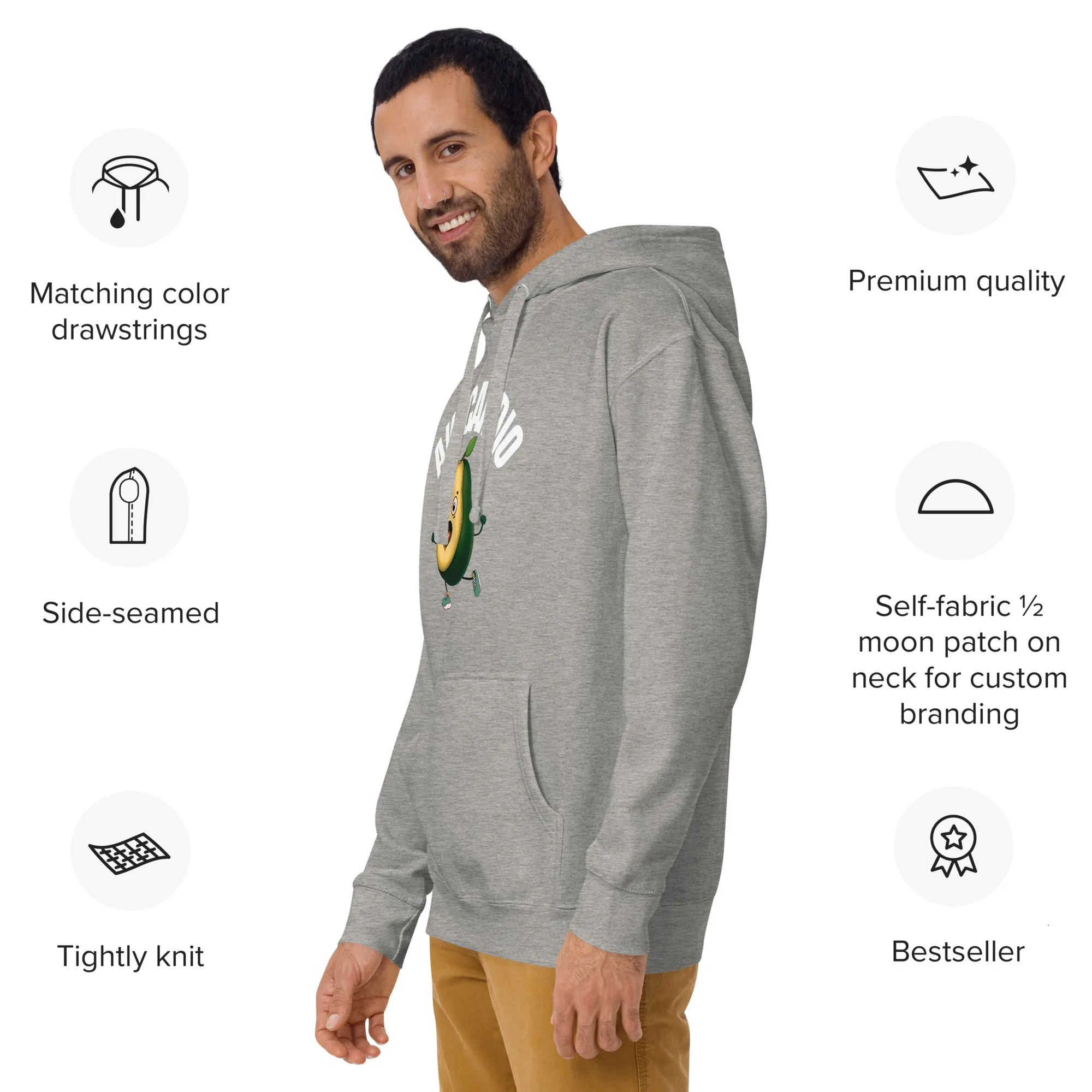 "Avocardio" Unisex Hoodie White Text Avocado by Dumbbells and Hotels