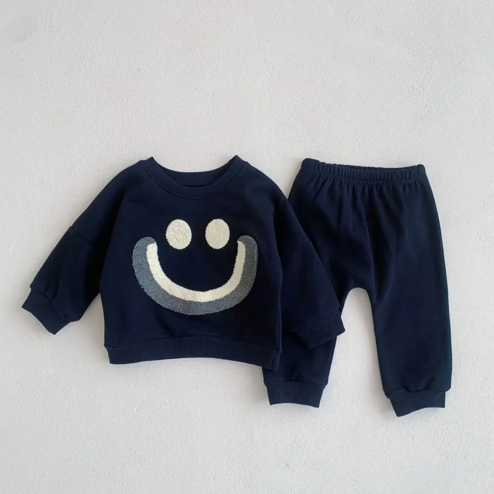 Spring And Autumn Cartoon Baby Fashion Smiling Face Rainbow Long Sleeve Vests Pants Suit Wholesale