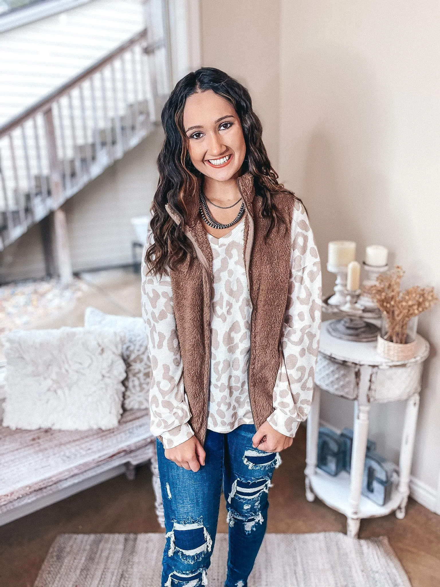 Up North Zip Up Wubby Vest with Pockets in Mocha Brown