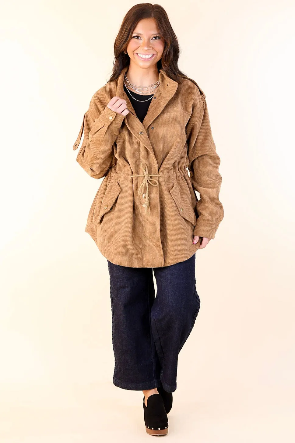 Warm Soul Corduroy Button and Zip Up Utility Jacket in Camel Brown