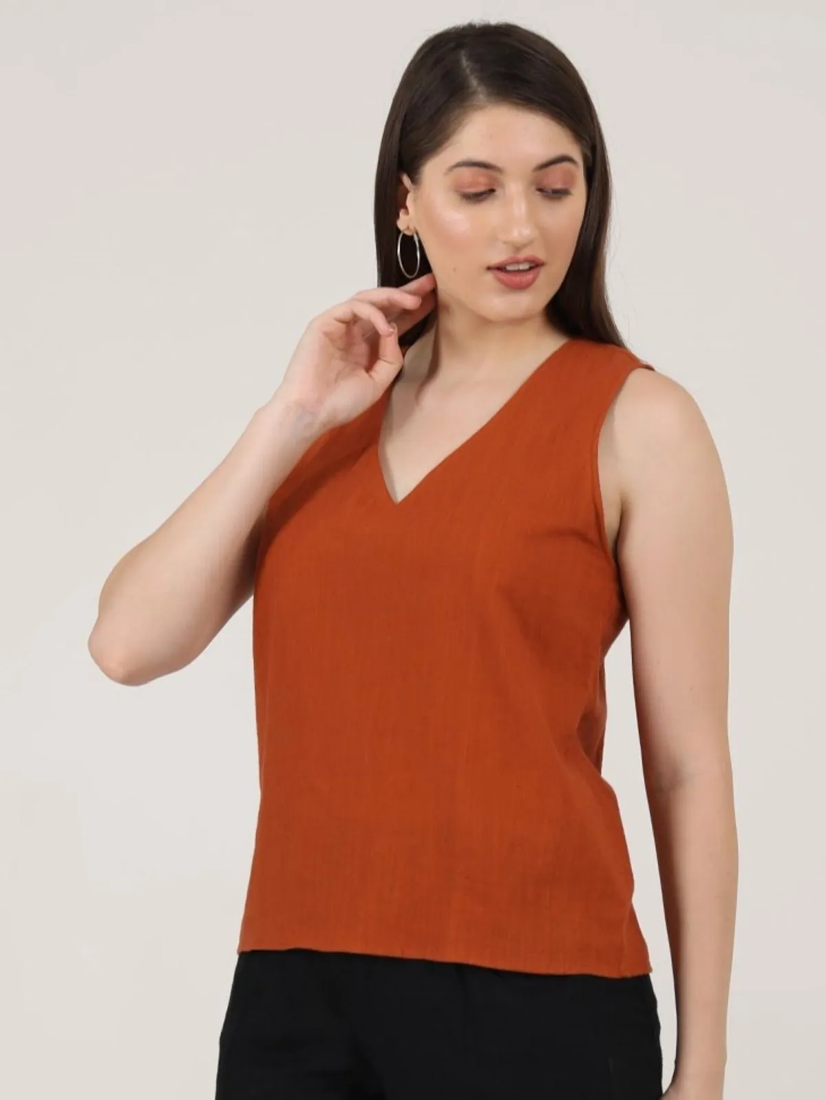 Women  Solid Organic Cotton Sleeveless V-Neck Top