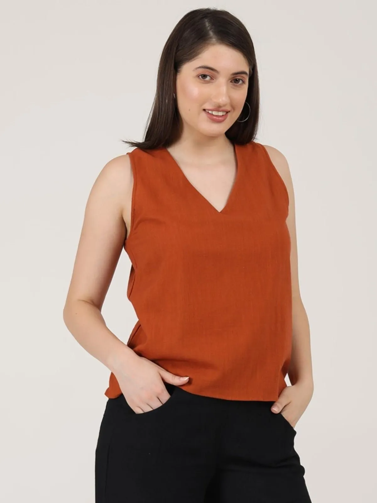 Women  Solid Organic Cotton Sleeveless V-Neck Top