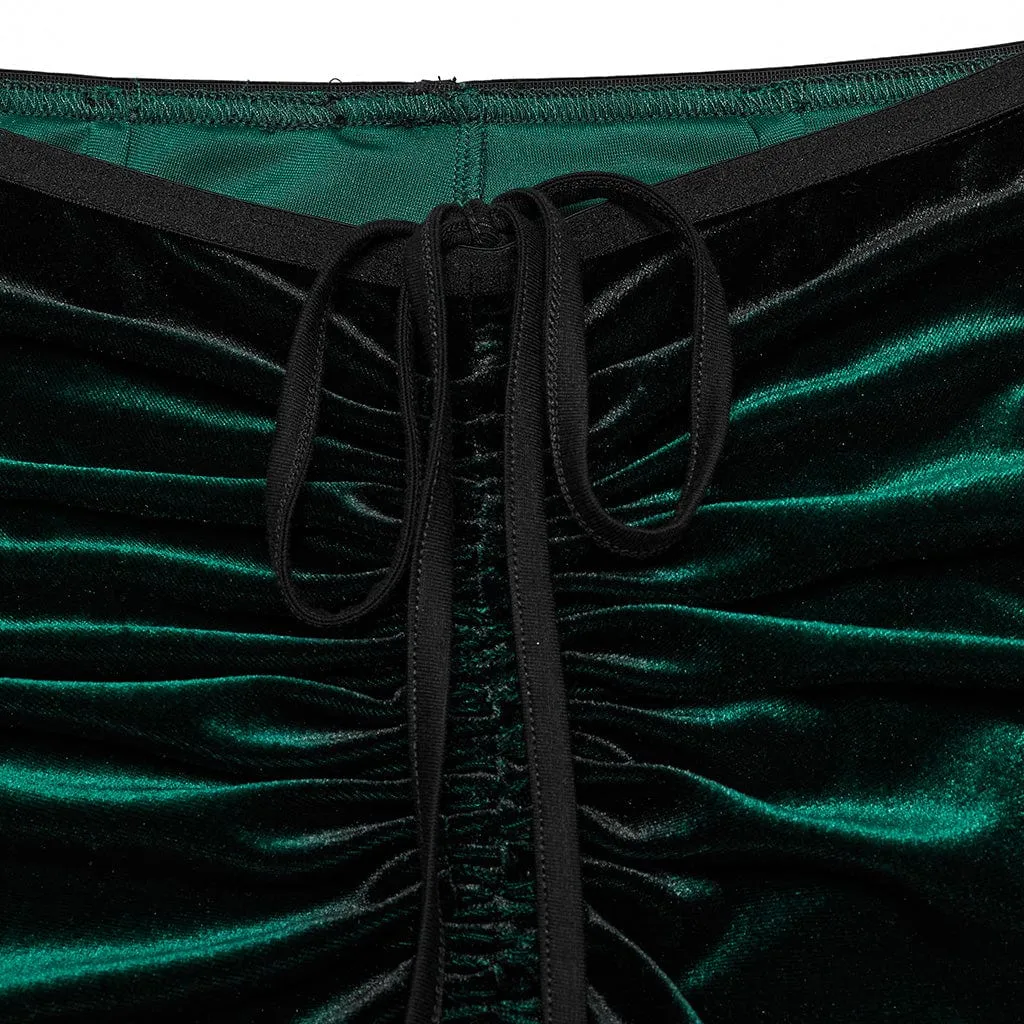 Women's Gothic Contrast Color Drawstring Velvet Flared Pants Green