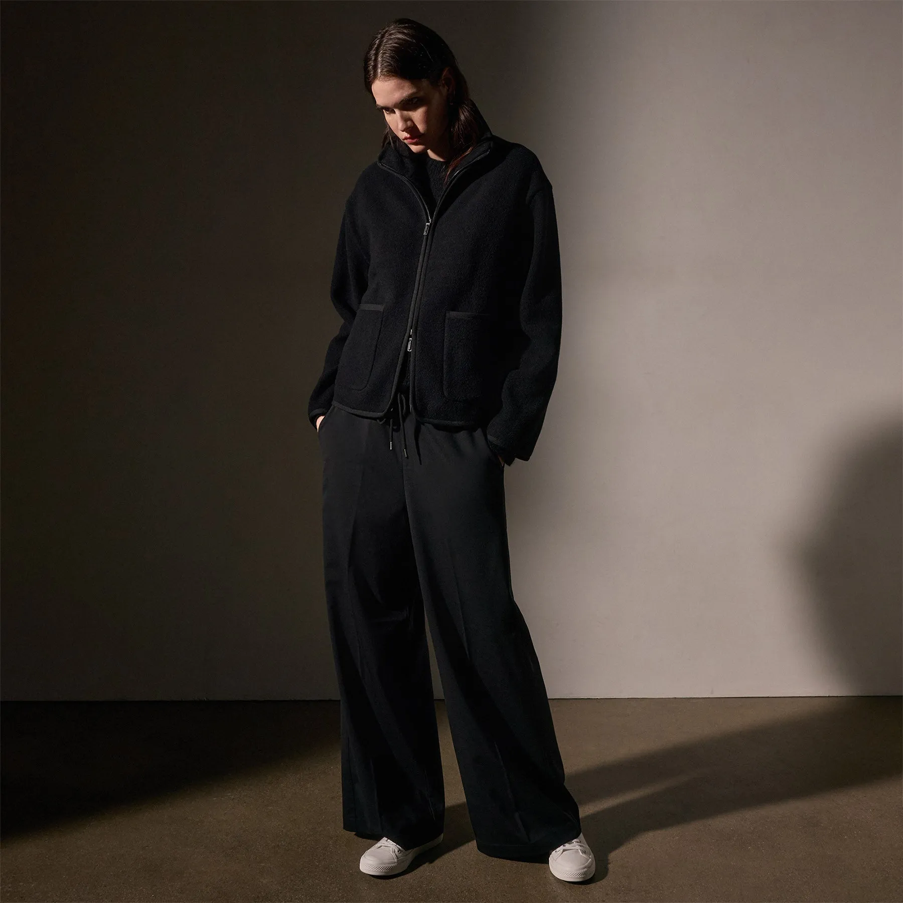 Wool Jersey Zip Up Jacket - Black