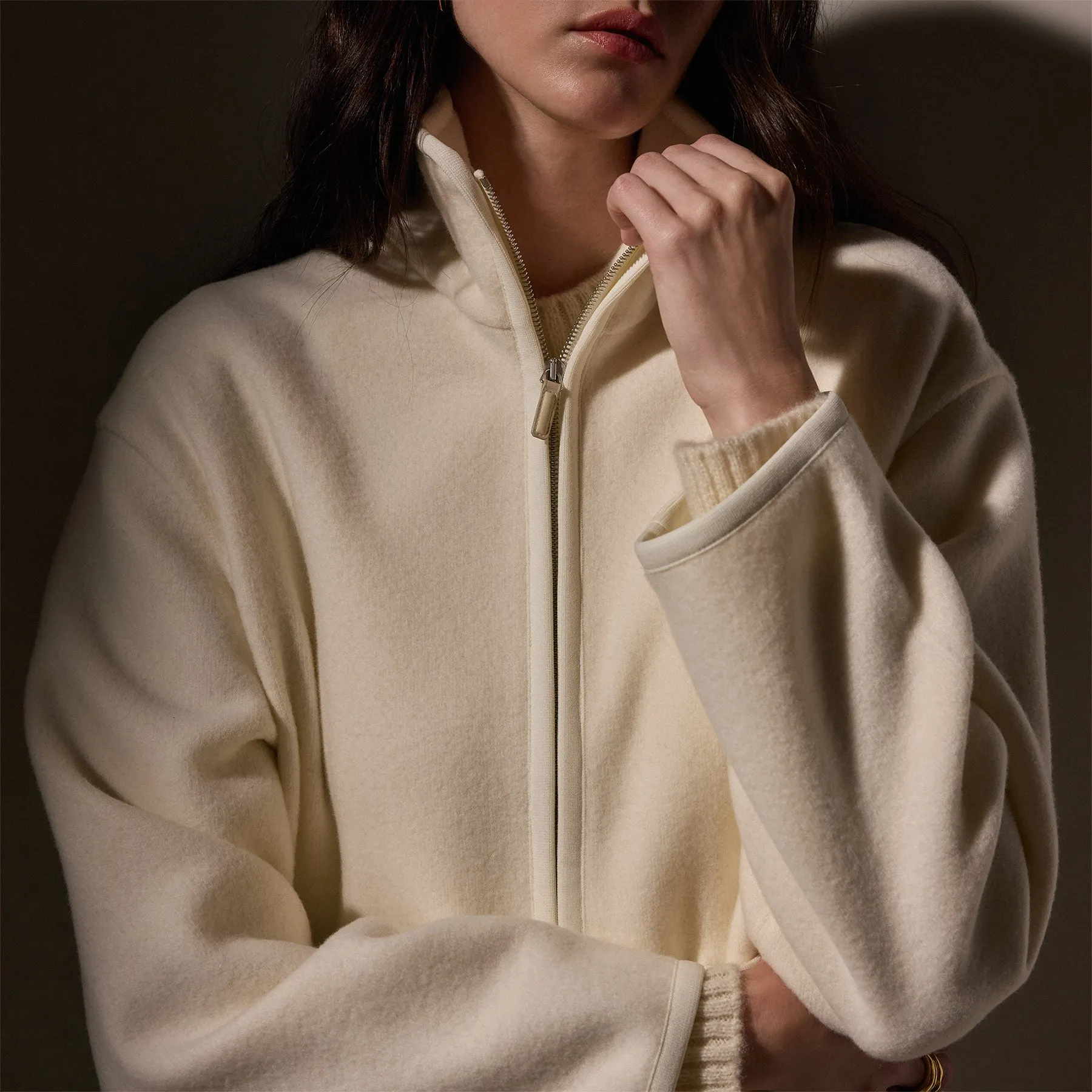 Wool Jersey Zip Up Jacket - Ivory