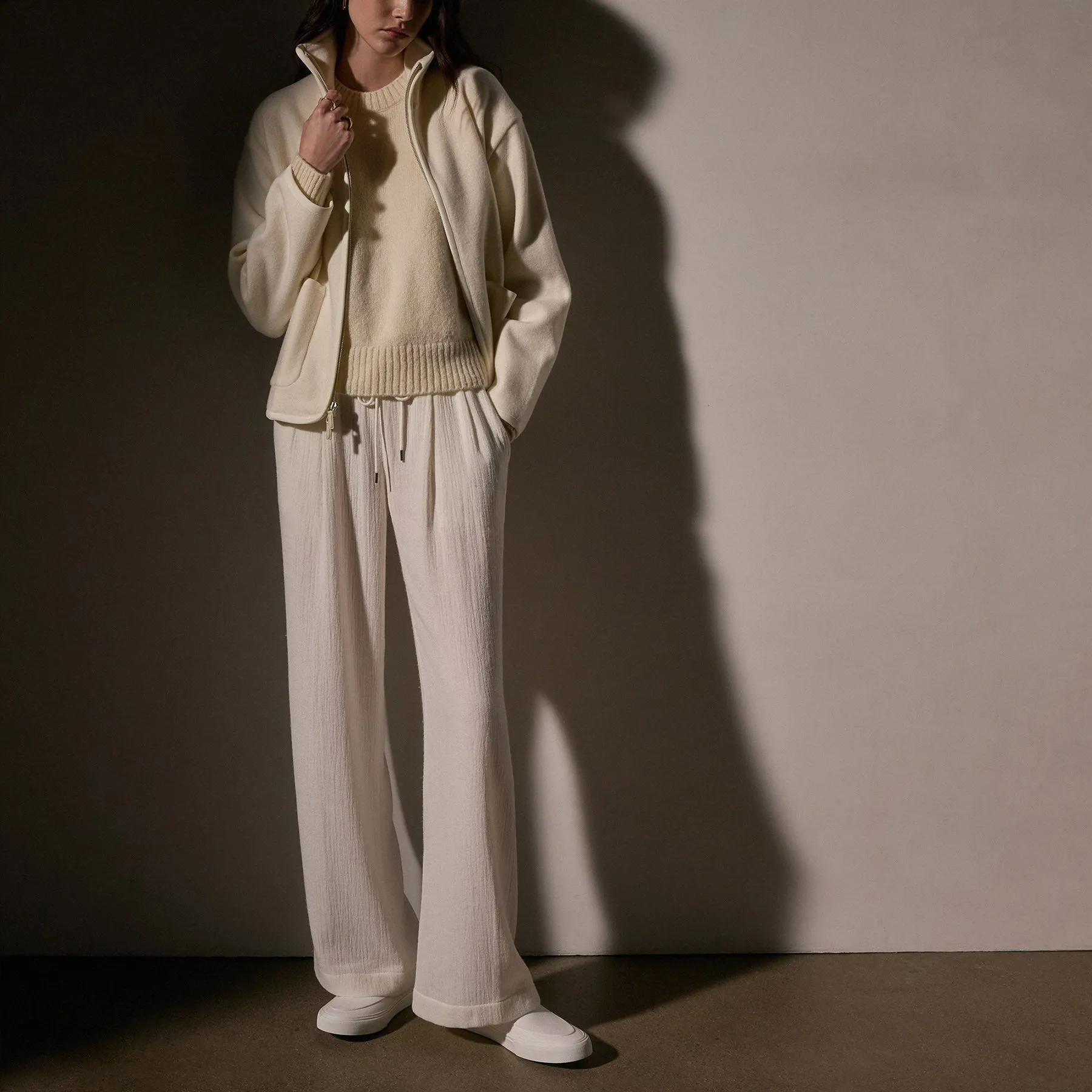 Wool Jersey Zip Up Jacket - Ivory