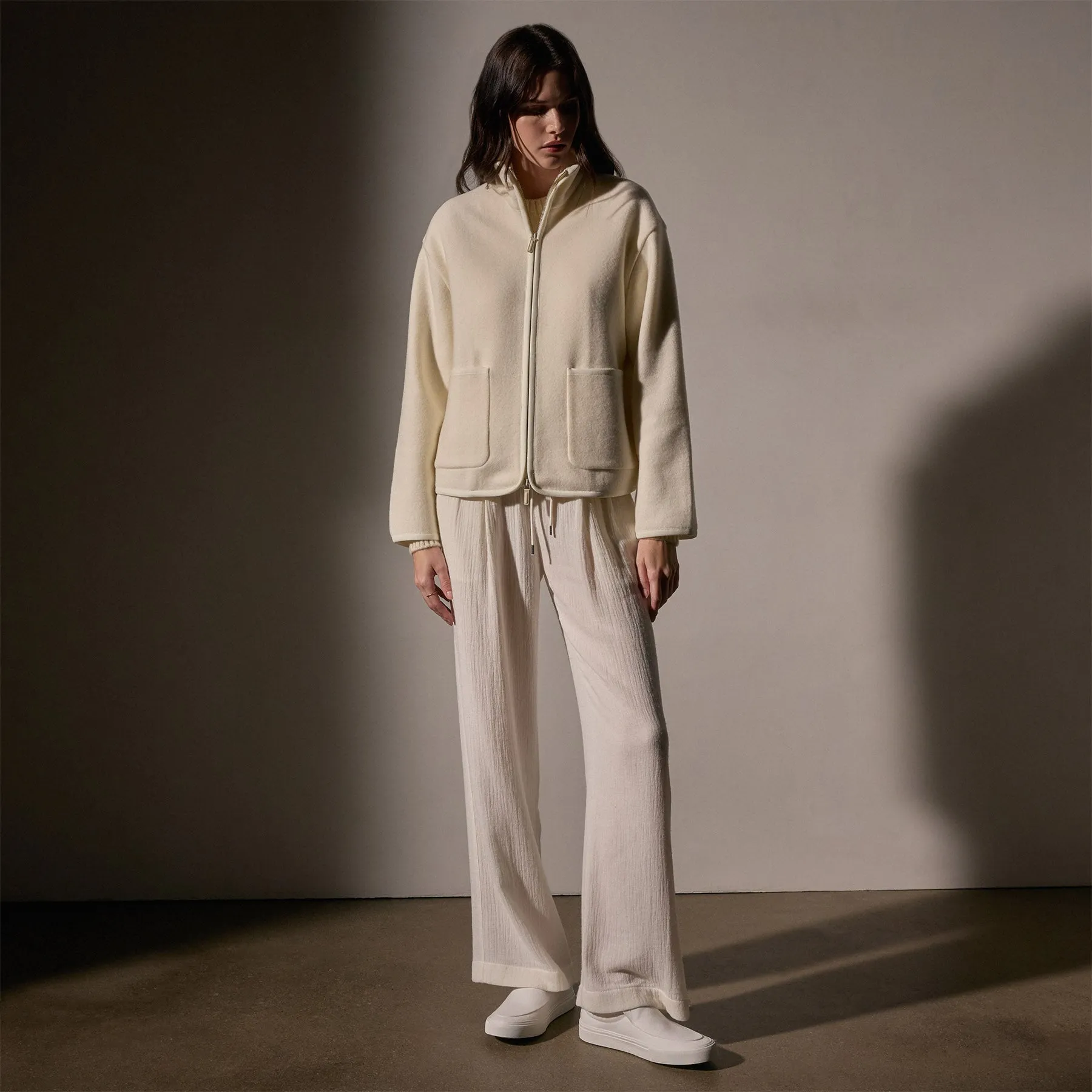 Wool Jersey Zip Up Jacket - Ivory