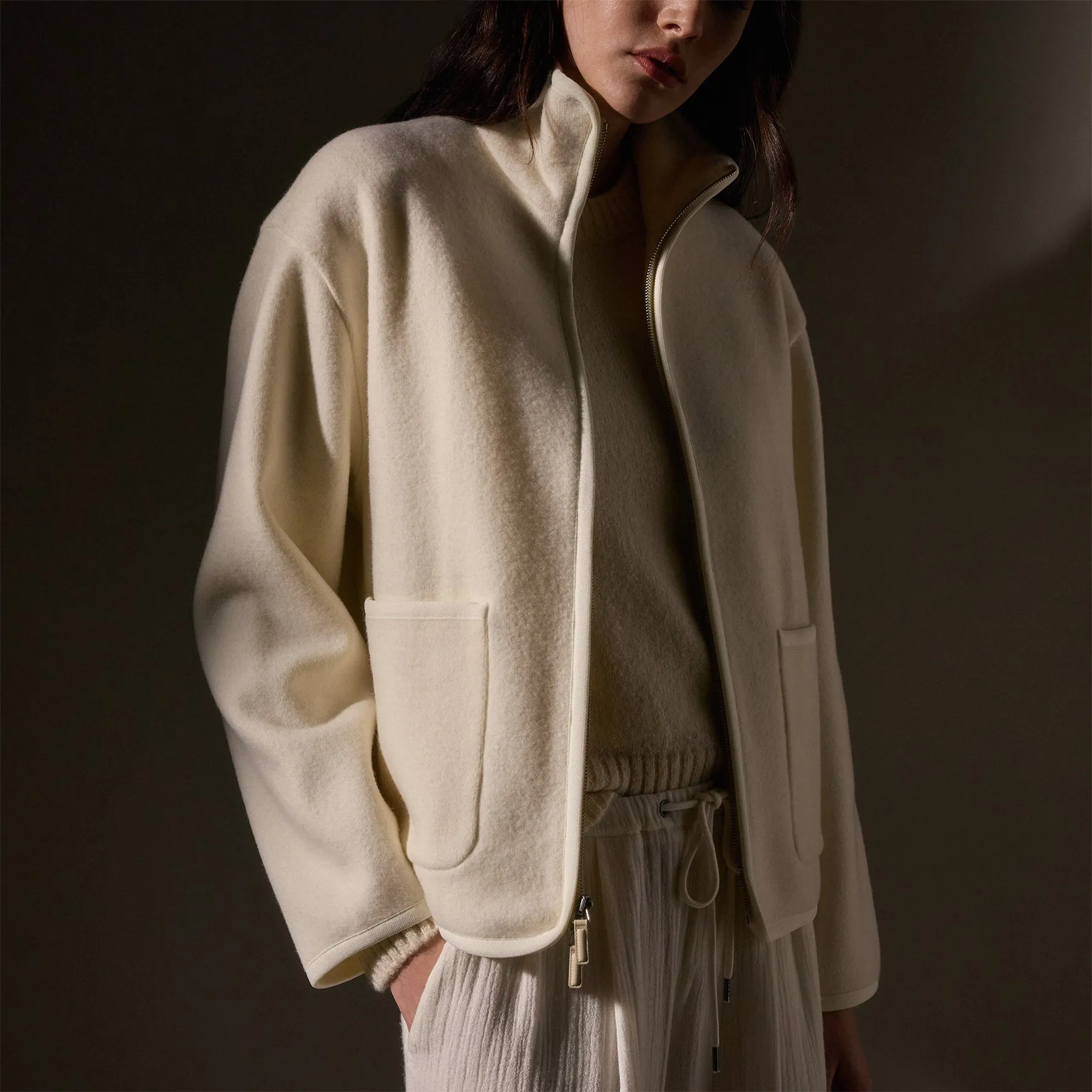 Wool Jersey Zip Up Jacket - Ivory